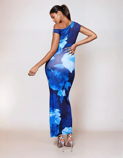 Exclusive Double Sculpted Slinky Asymmetric Shoulder Maxi Dress in Blue Blurred Flower Print