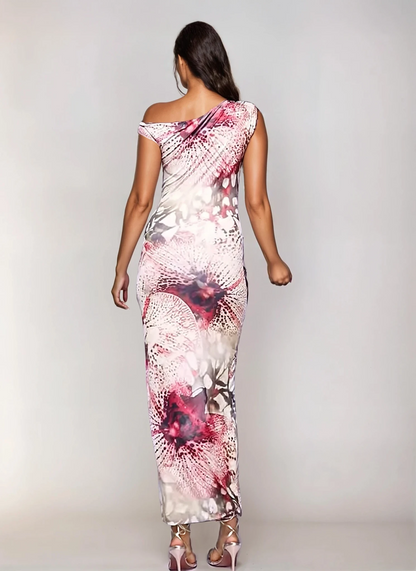 Exclusive Double Sculpted Slinky Asymmetric Shoulder Maxi Dress in Animal Flower Print