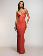 Exclusive Double Sculpted Slinky Lace Trim Wrap Halter Neck Maxi Dress in Orange