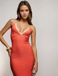 Exclusive Double Sculpted Slinky Lace Trim Wrap Halter Neck Maxi Dress in Orange