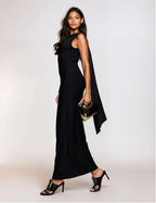 Exclusive Double Sculpted Slinky High Neck Open Back Scarf Detail Maxi Dress in Black