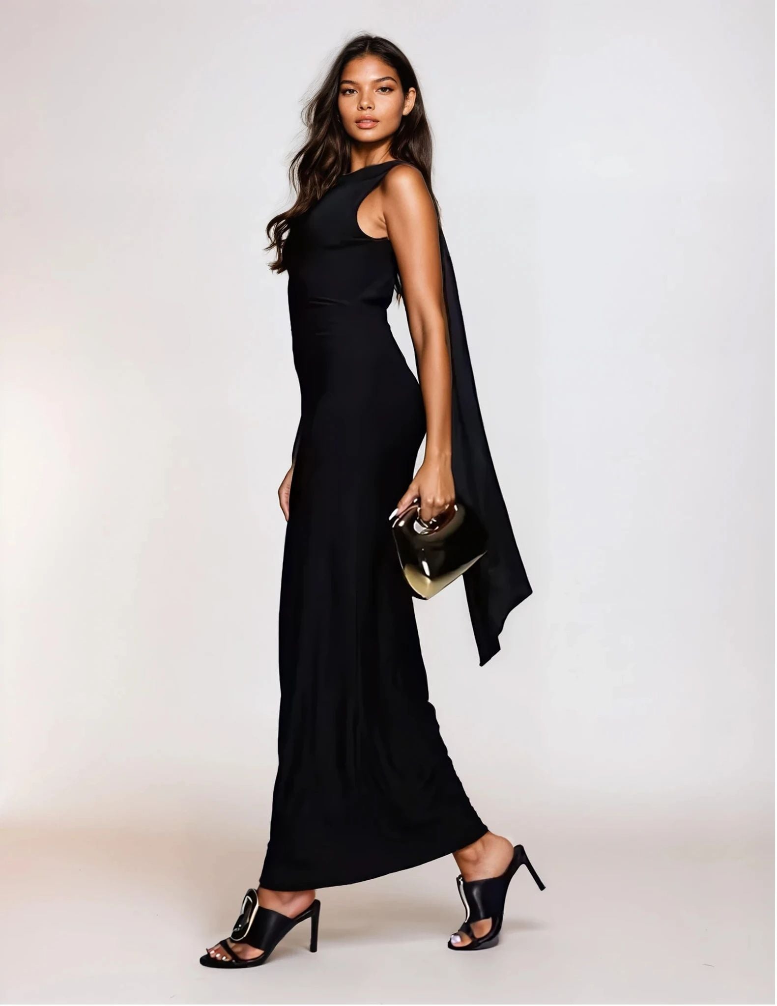 Exclusive Double Sculpted Slinky High Neck Open Back Scarf Detail Maxi Dress in Black