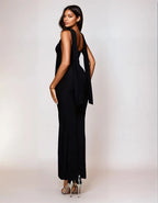 Exclusive Double Sculpted Slinky High Neck Open Back Scarf Detail Maxi Dress in Black