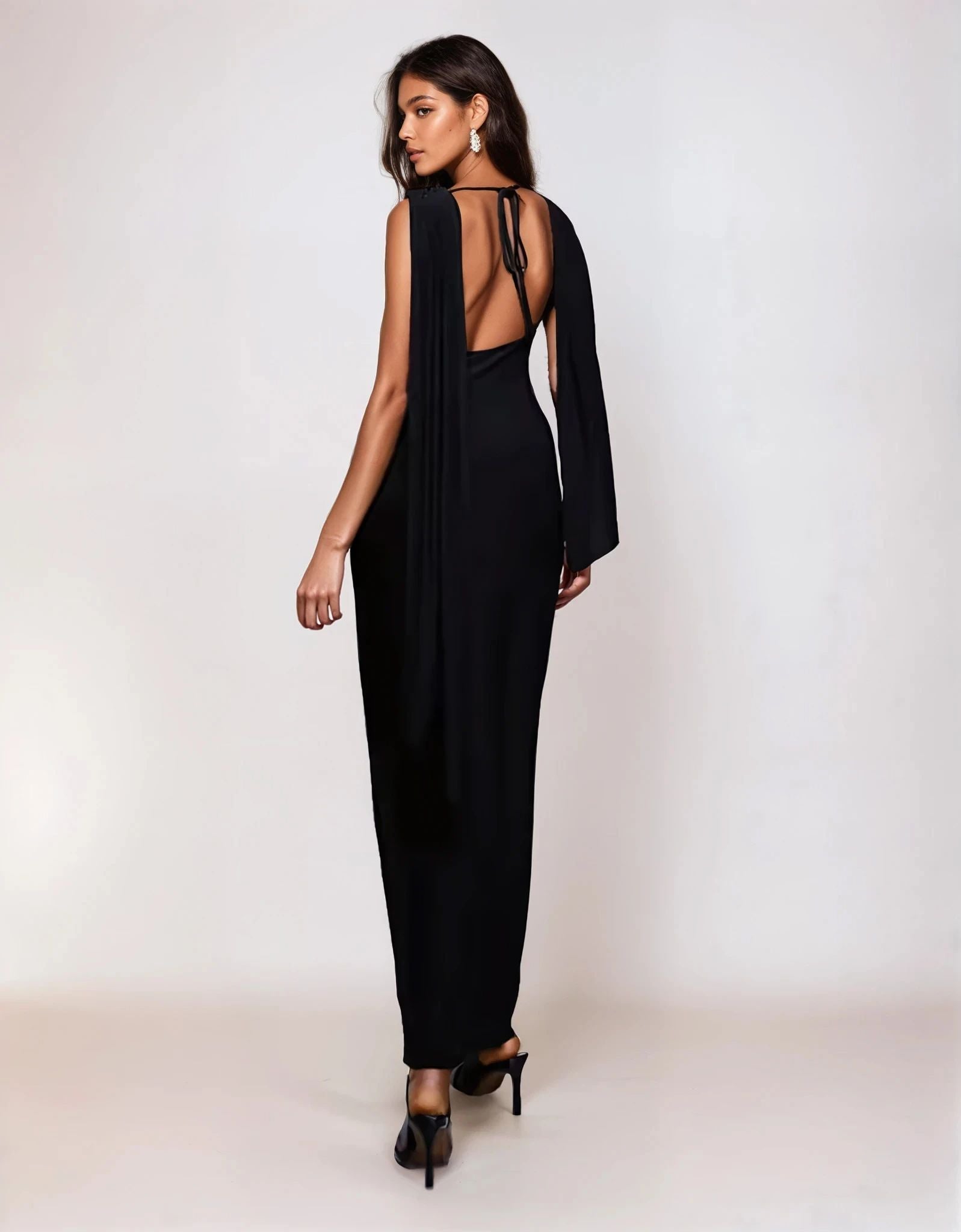 Exclusive Double Sculpted Slinky High Neck Open Back Scarf Detail Maxi Dress in Black