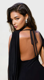 Exclusive Double Sculpted Slinky High Neck Open Back Scarf Detail Maxi Dress in Black
