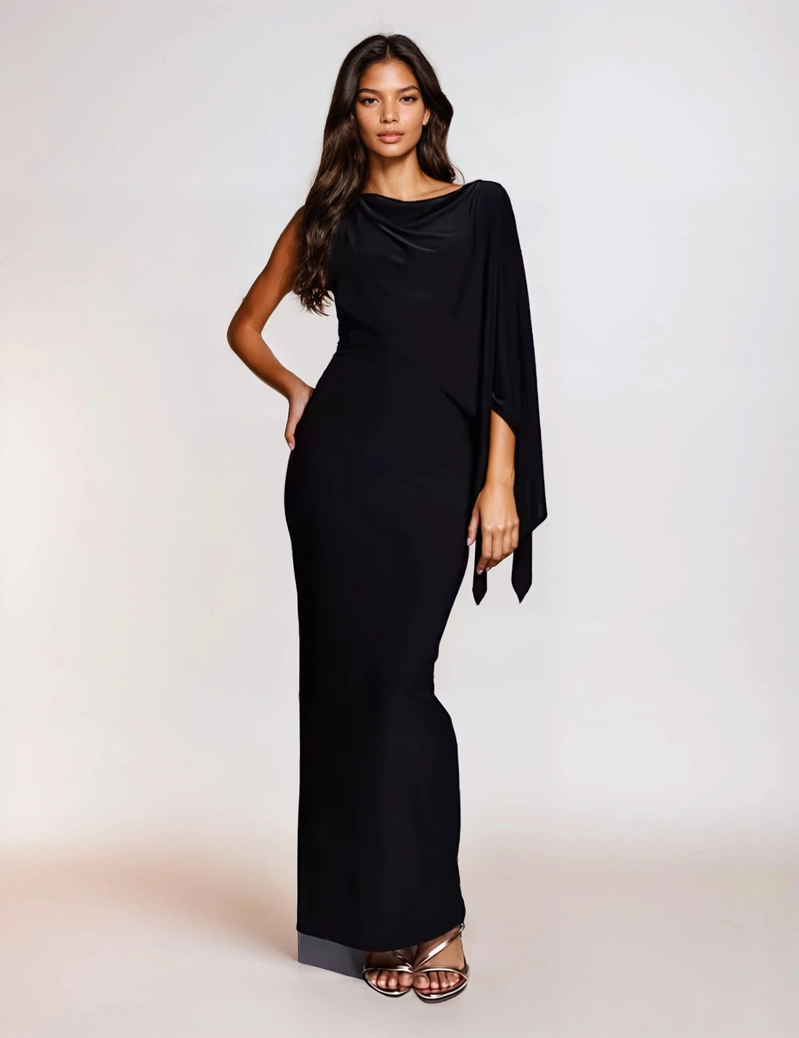 Exclusive Double Sculpted slinky cape style cowl back maxi dress in black
