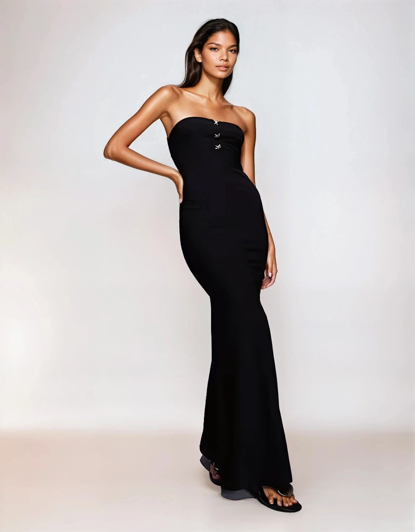 Exclusive Double Sculpted Slinky Bandeau Mermaid Hem Starfish Metal Detail Maxi Dress in Black