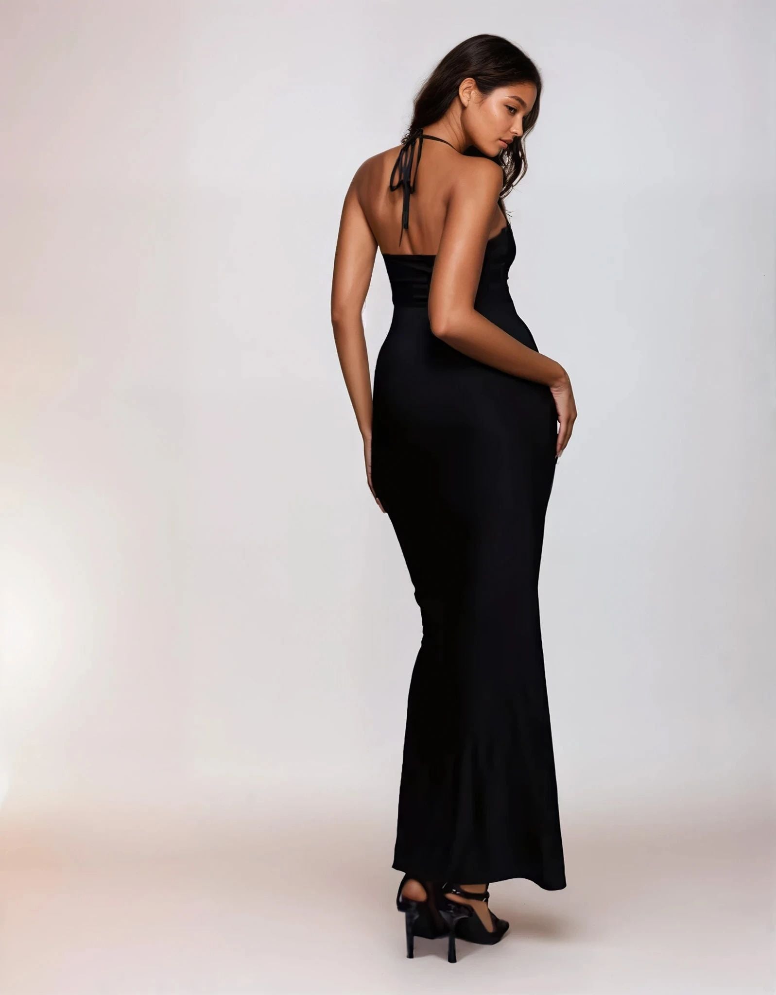 Exclusive Double Layered Lace Trim Wrap Halterneck Maxi Dress in Black