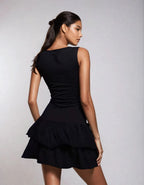 Exclusive Cotton Sleeveless Drop Waist Ruffle Hem Mini Dress in Black