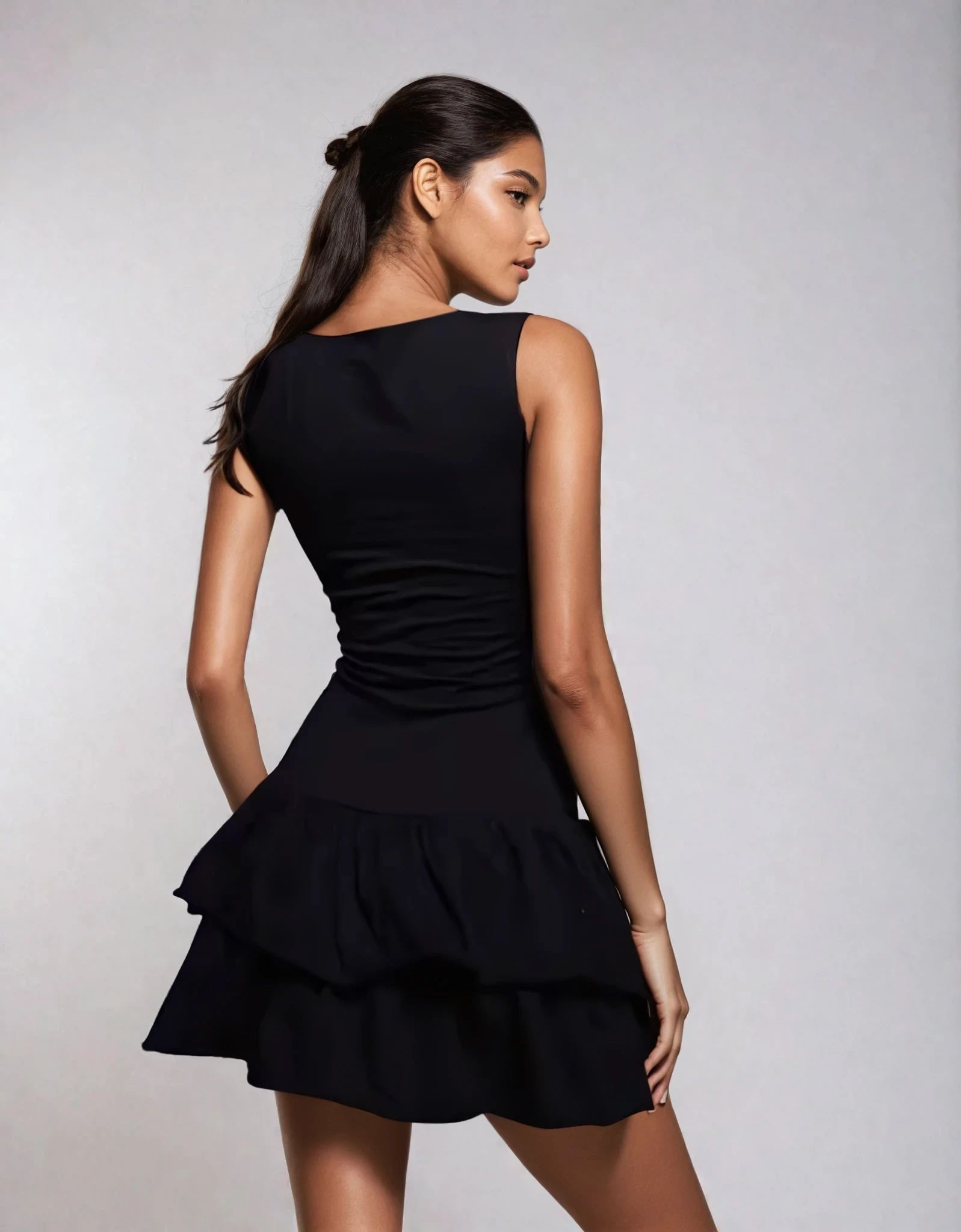 Exclusive Cotton Sleeveless Drop Waist Ruffle Hem Mini Dress in Black