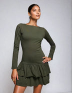 Exclusive Cotton Long Sleeve Drop Waist Ruffle Hem Mini Dress in Khaki