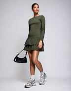 Exclusive Cotton Long Sleeve Drop Waist Ruffle Hem Mini Dress in Khaki