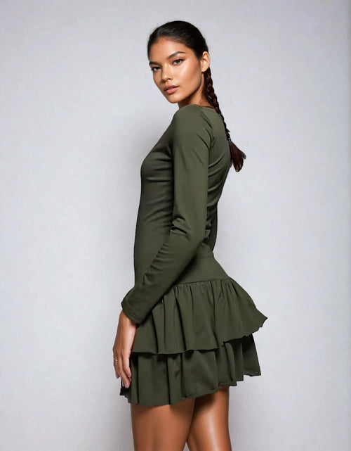 Exclusive Cotton Long Sleeve Drop Waist Ruffle Hem Mini Dress in Khaki