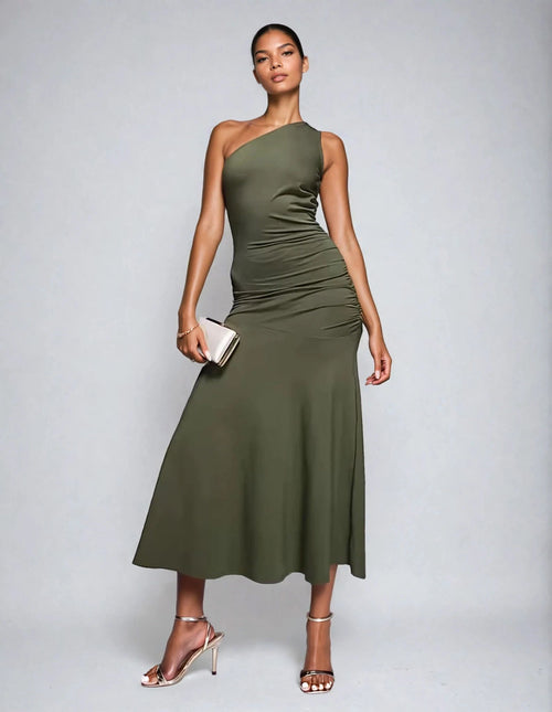 Exclusive Cotton One Shoulder Ruched Side Maxi Dress