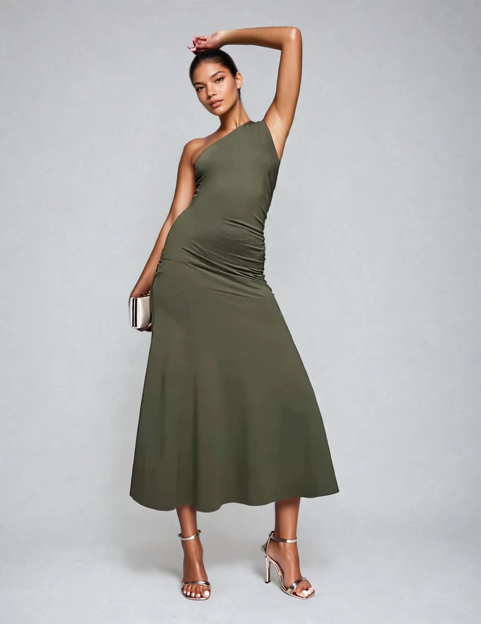 Exclusive Cotton One Shoulder Ruched Side Maxi Dress