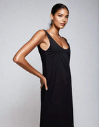 Exclusive Poplin Scoop Neck Trapeze Maxi Dress in Black
