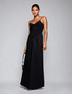 Exclusive Cotton & Poplin Mix V Neck Drop Waist Detail Maxi Dress in Black
