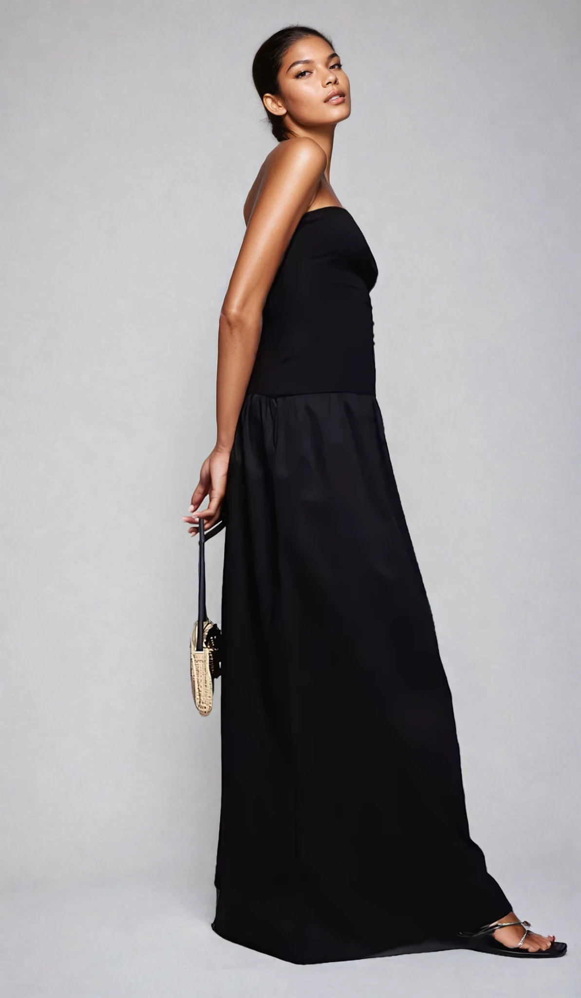 Exclusive Cotton & Poplin Mix Drop Waist Bandeau Maxi Dress in Black
