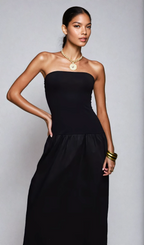 Exclusive Cotton & Poplin Mix Drop Waist Bandeau Maxi Dress in Black