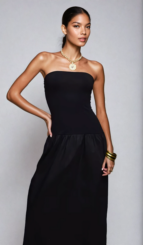 Exclusive Cotton & Poplin Mix Drop Waist Bandeau Maxi Dress in Black