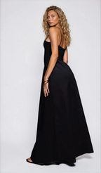 Exclusive Cotton & Poplin Mix V Neck Drop Waist Detail Maxi Dress in Black