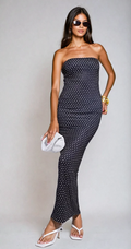 Exclusive Double Sculpted Slinky Bandeau Maxi Dress in Black Polka Dot