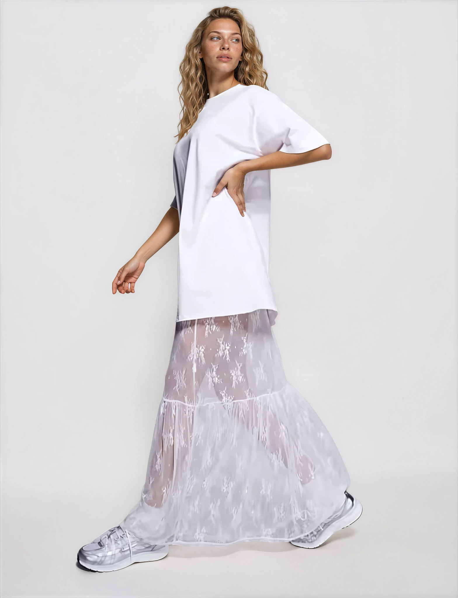 Exclusive Cotton Lace Sleeve Maxi T-Shirt Dress