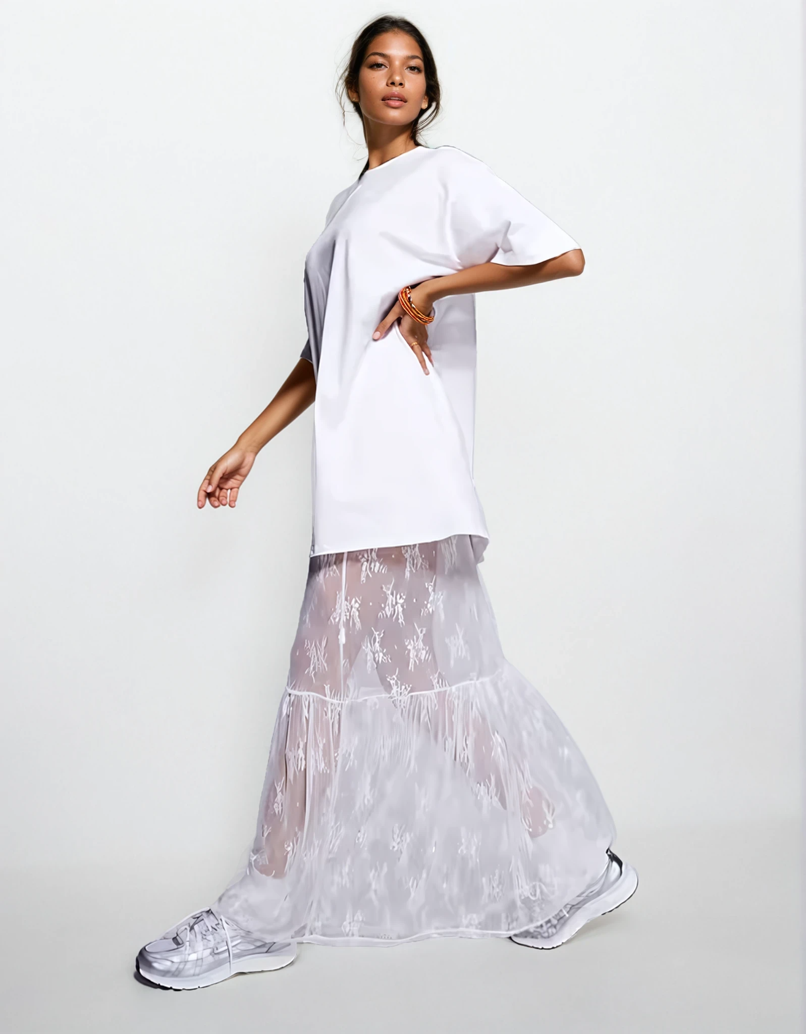 Exclusive Cotton Lace Sleeve Maxi T-Shirt Dress