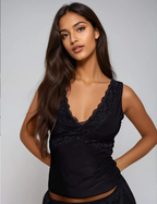 Exclusive Fashionkilla double sculpted slinky lace trim v neck vest top in black
