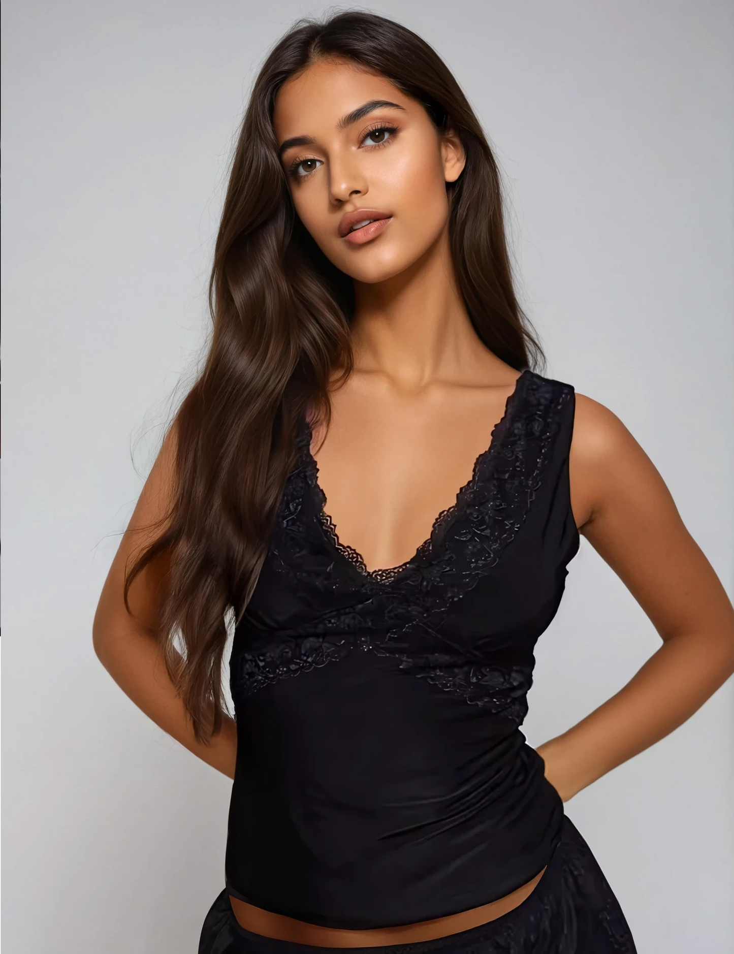 Exclusive Fashionkilla double sculpted slinky lace trim v neck vest top in black