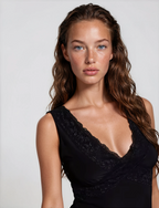 Exclusive Fashionkilla double sculpted slinky lace trim v neck vest top in black