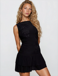 Exclusive Fashionkilla double sculpted slinky slash neck low back ruffle hem flower applique mini dress in black