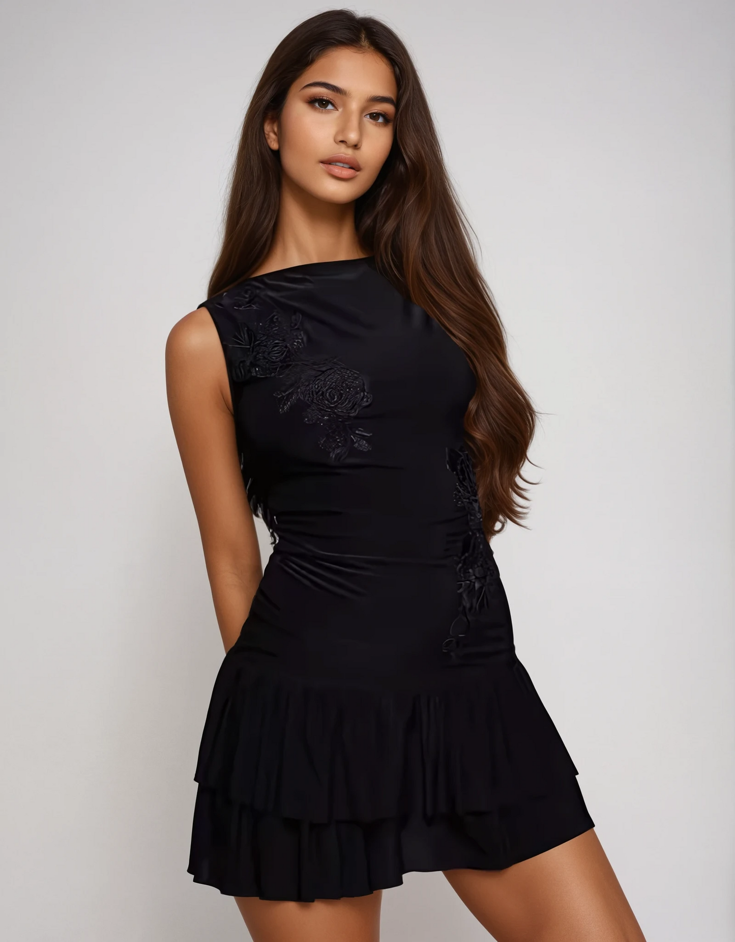 Exclusive Fashionkilla double sculpted slinky slash neck low back ruffle hem flower applique mini dress in black