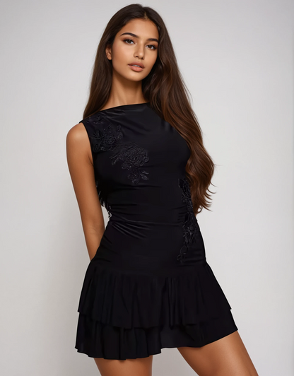 Exclusive Fashionkilla double sculpted slinky slash neck low back ruffle hem flower applique mini dress in black