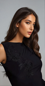 Exclusive Fashionkilla double sculpted slinky slash neck low back ruffle hem flower applique mini dress in black