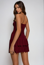 Exclusive Fashionkilla double sculpted slinky bandeau drop waist ruffle hem mini dress in burgundy
