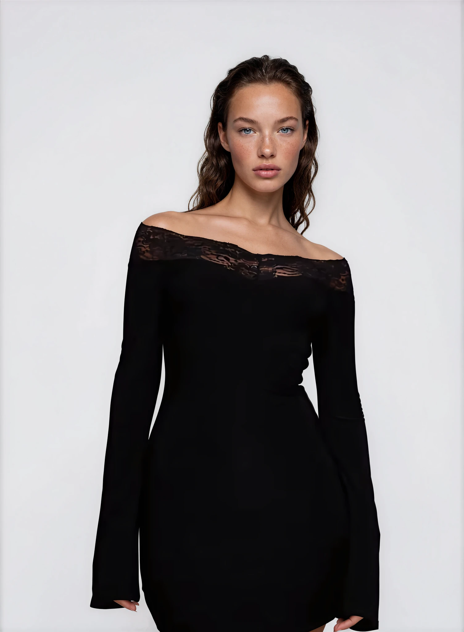 Exclusive Fashionkilla double sculpted slinky lace trim bardot mini dress in black