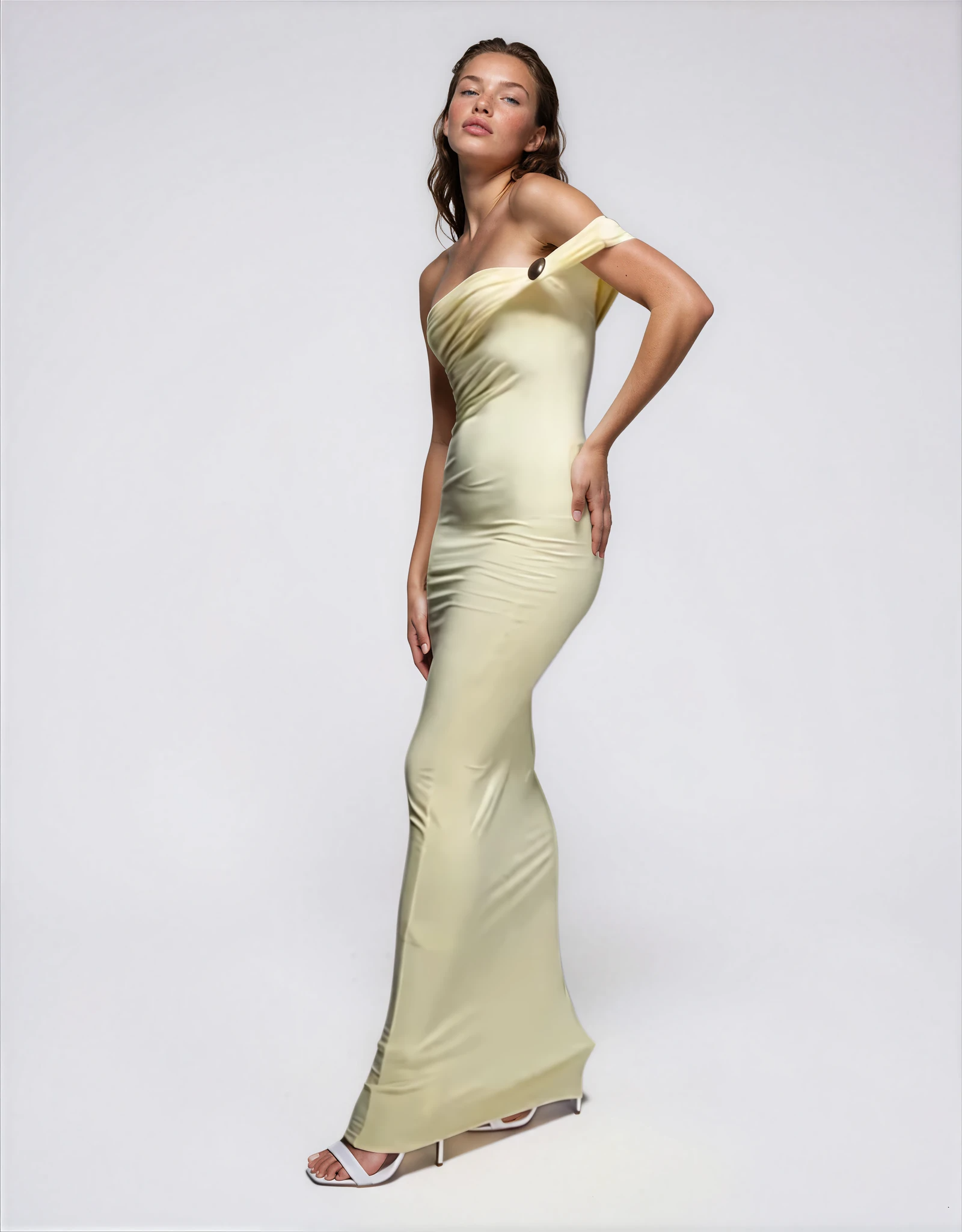 Exclusive Double Sculpted Slinky One Shoulder Twist Metal Detail Maxi Dress in Lemon