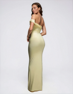 Exclusive Double Sculpted Slinky One Shoulder Twist Metal Detail Maxi Dress in Lemon