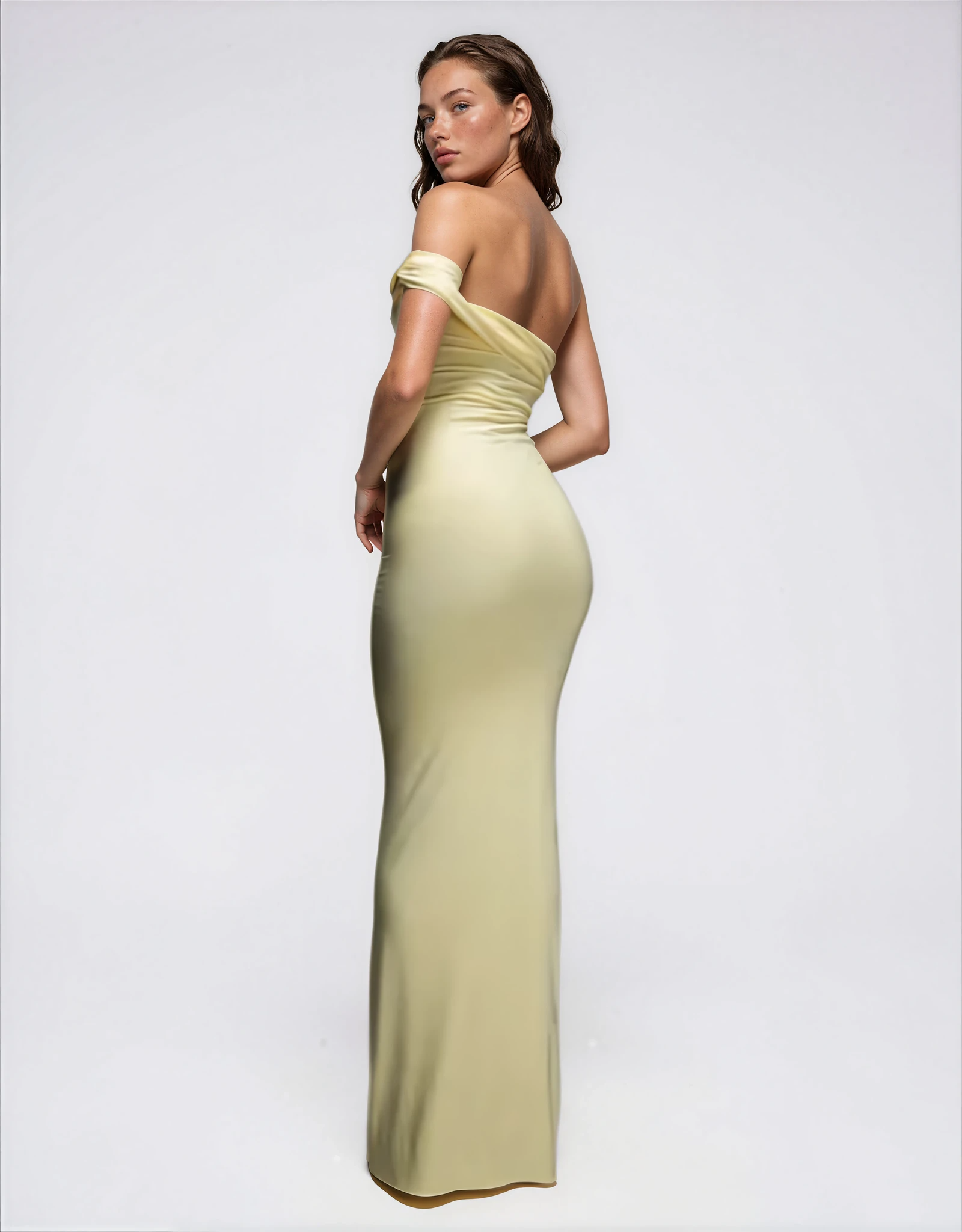 Exclusive Double Sculpted Slinky One Shoulder Twist Metal Detail Maxi Dress in Lemon