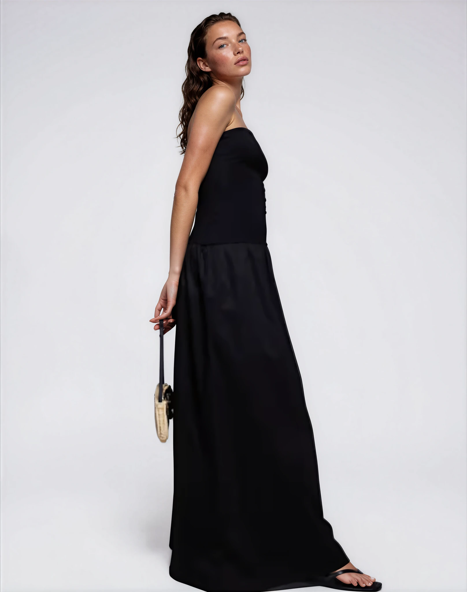 Exclusive Cotton & Poplin Mix Drop Waist Bandeau Maxi Dress in Black   Fashionkilla Online