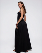 Exclusive Cotton & Poplin Mix Drop Waist Bandeau Maxi Dress in Black