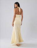 Fashionkilla exclusive double sculpted slinky v neck halterneck ruched front detail maxi dress in lemon