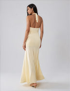 Fashionkilla exclusive double sculpted slinky v neck halterneck ruched front detail maxi dress in lemon