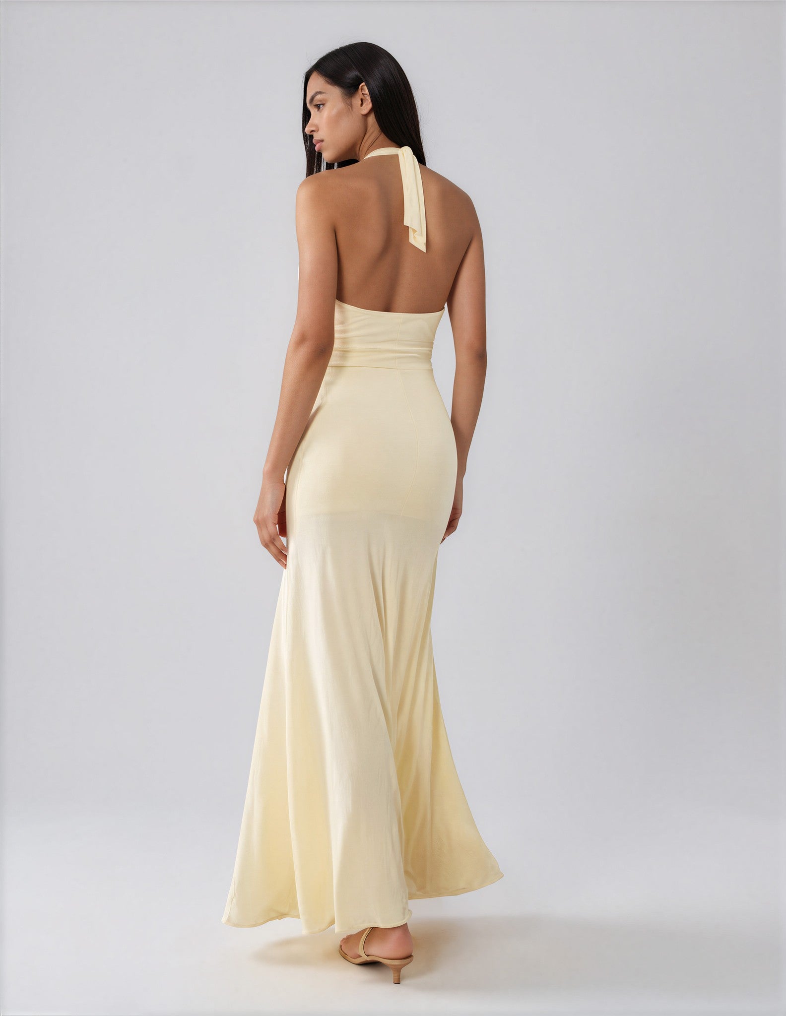 Fashionkilla exclusive double sculpted slinky v neck halterneck ruched front detail maxi dress in lemon