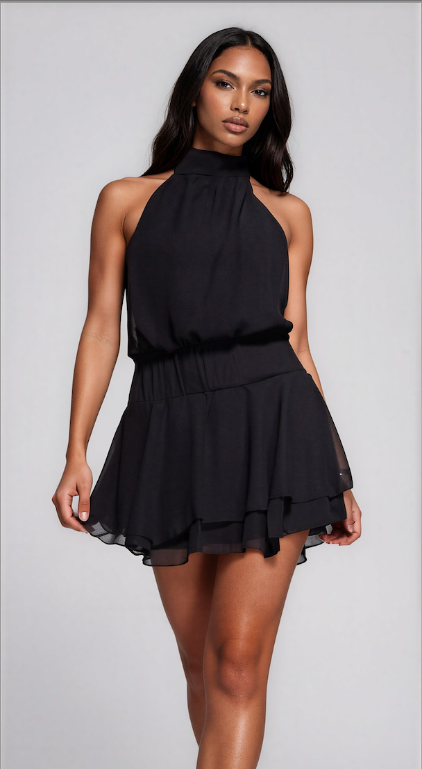 Fashionkilla exclusive chiffon halterneck foldover detail ruffle skirt mini dress in black