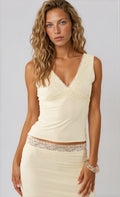 Fashionkilla exclusive double sculpted slinky lace trim v neck vest top co-ord in yellow