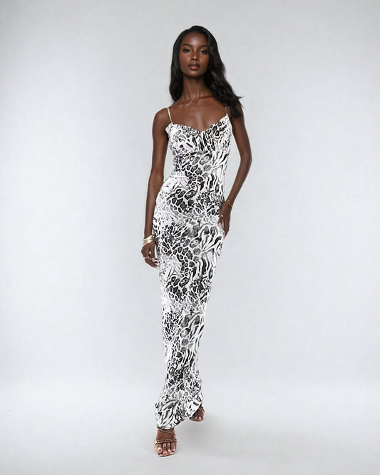 Double Layer Ruched Bust Strappy Maxi Dress in Leopard