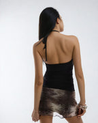 Double Layer Black Lace Trim Halterneck Top