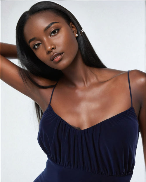 Double Layer Ruched Bust Strappy Maxi Dress in Navy